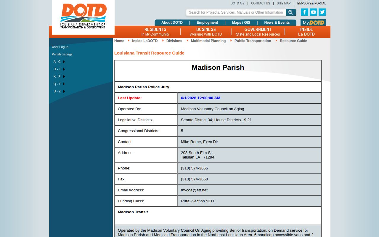 Madison Parish release transportation provider information