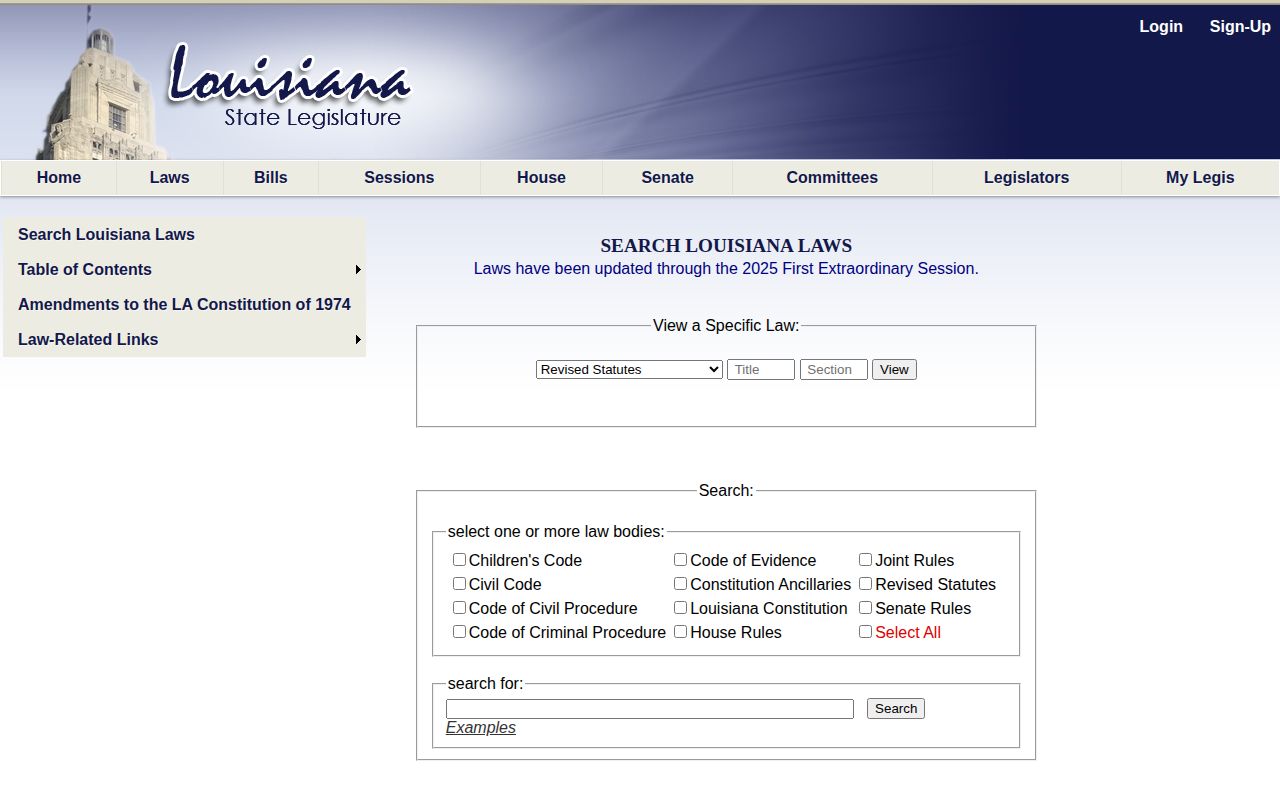Louisiana Legislature current law search screen