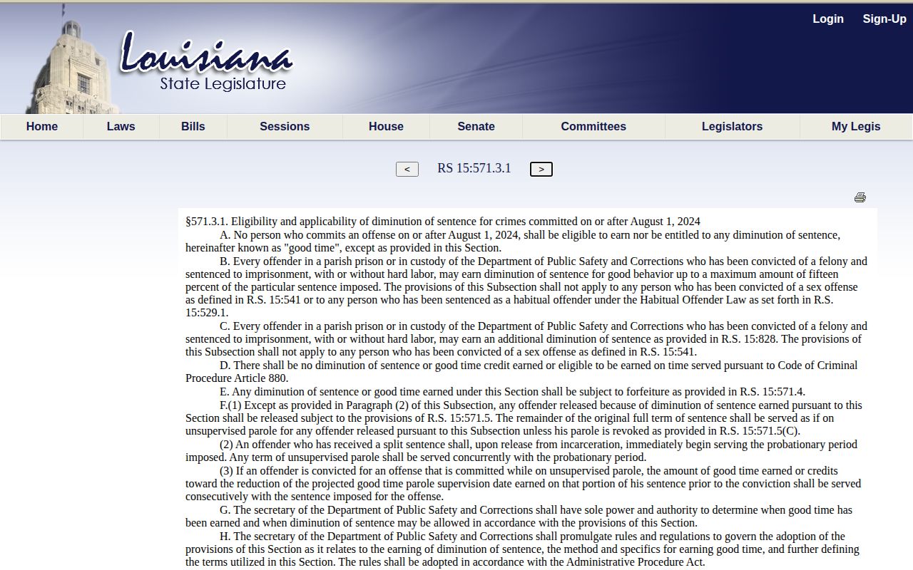 Louisiana Legislature page for R.S. 15:571.3.1 sentence credits