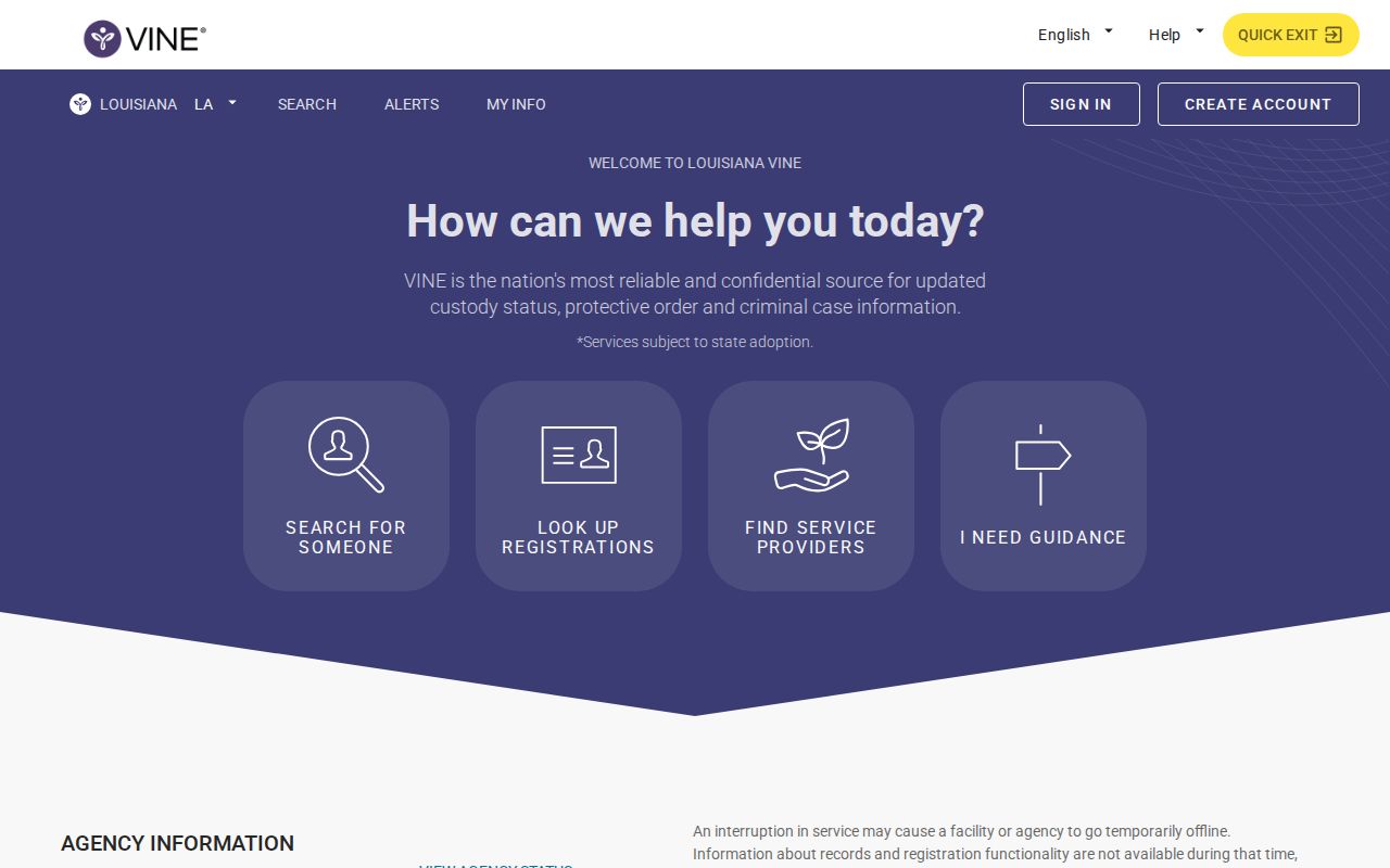 Louisiana VINELink Get Notified channel selection screen